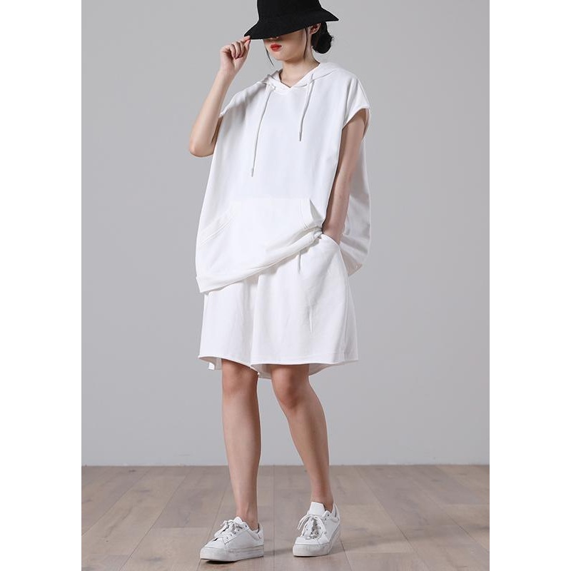 Plus Size White hooded Pockets Two Pieces Set Summer Cotton