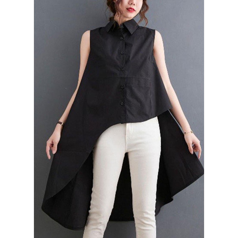 Simple Black asymmetrical design low high design Summer Blouses