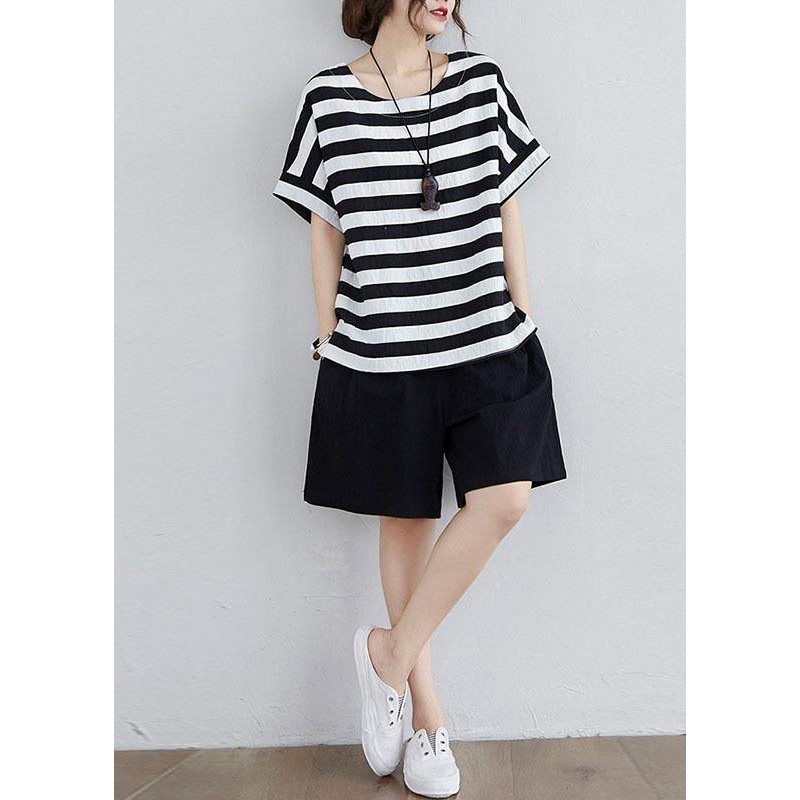 Simple Black White Striped side open Two Pieces Set Summer Cotton