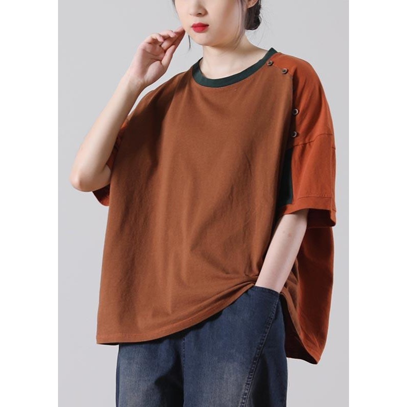Simple Chocolate Patchwork O-Neck Cotton Top Summer