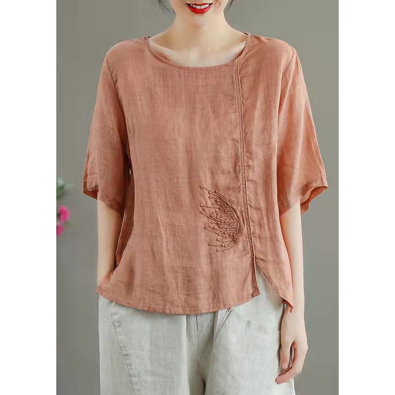 Simple Orange Embroidered Linen Top Summer