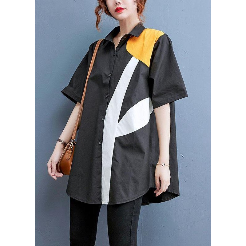 Style Black Print Peter Pan Collar Cotton Top Summer