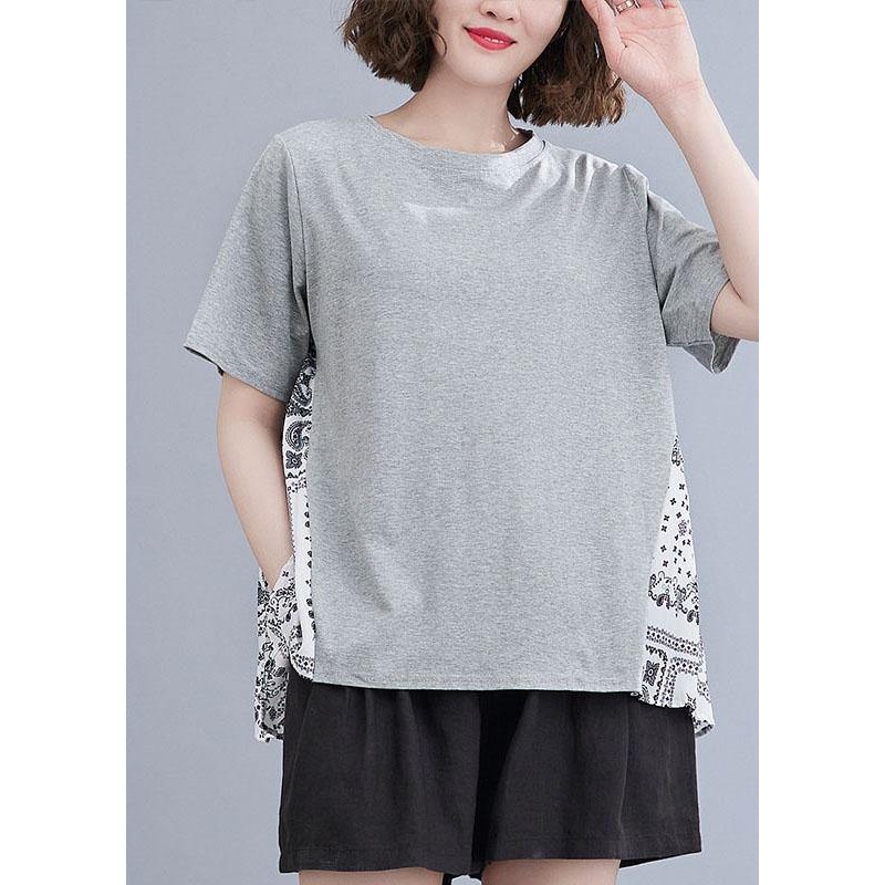 Style Grey Patchwork Print Half Sleeve Cotton Summer Tee