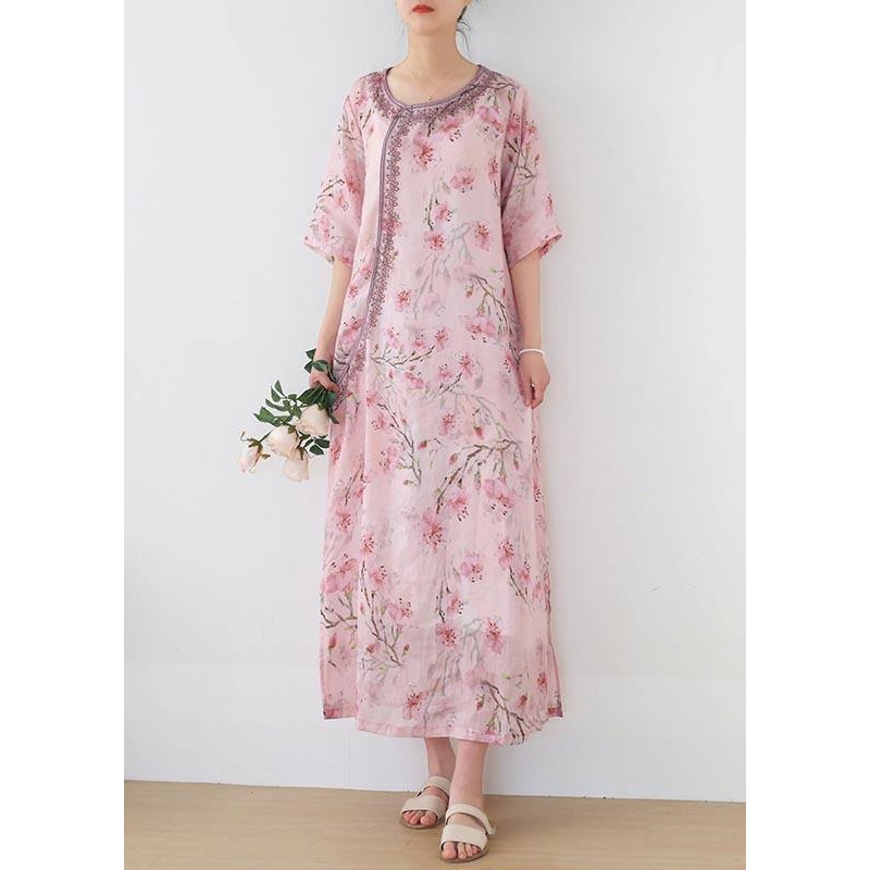 Stylish Pink Print Embroideried Oriental Summer Linen Dress