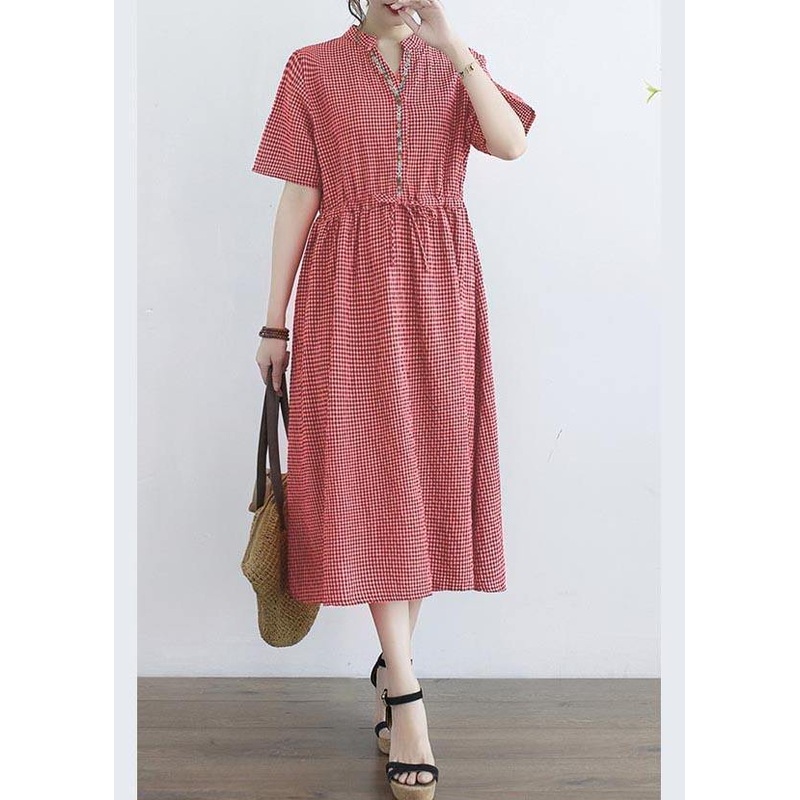 Stylish Red Plaid  Button Cotton Linen Summer Mid Dress
