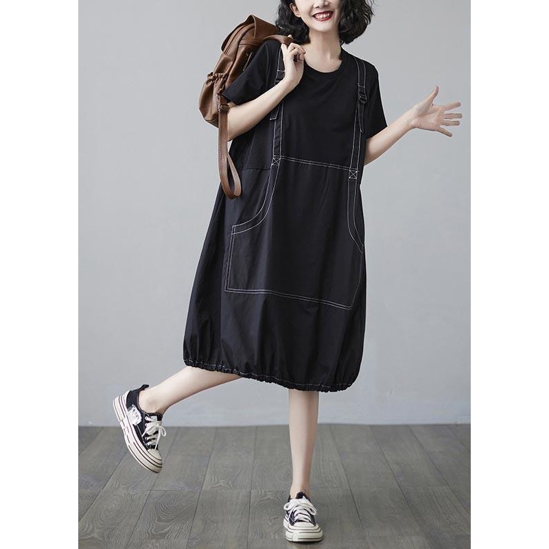Summer Black Large Medium Length Skirt Fake Two Short Sleeve Dress