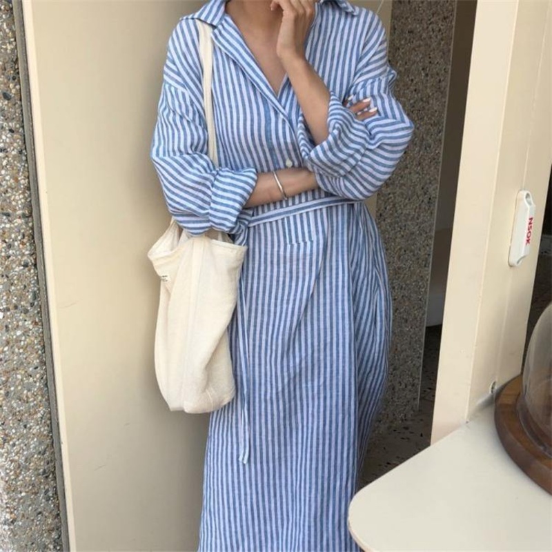 Summer Women Shirt Striped Lapel Cotton and Linen Casual Dress