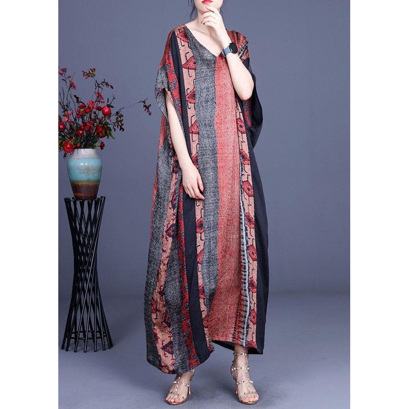 Unique Orange Print Patchwork Summer Silk Maxi Dresses Batwing Sleeve