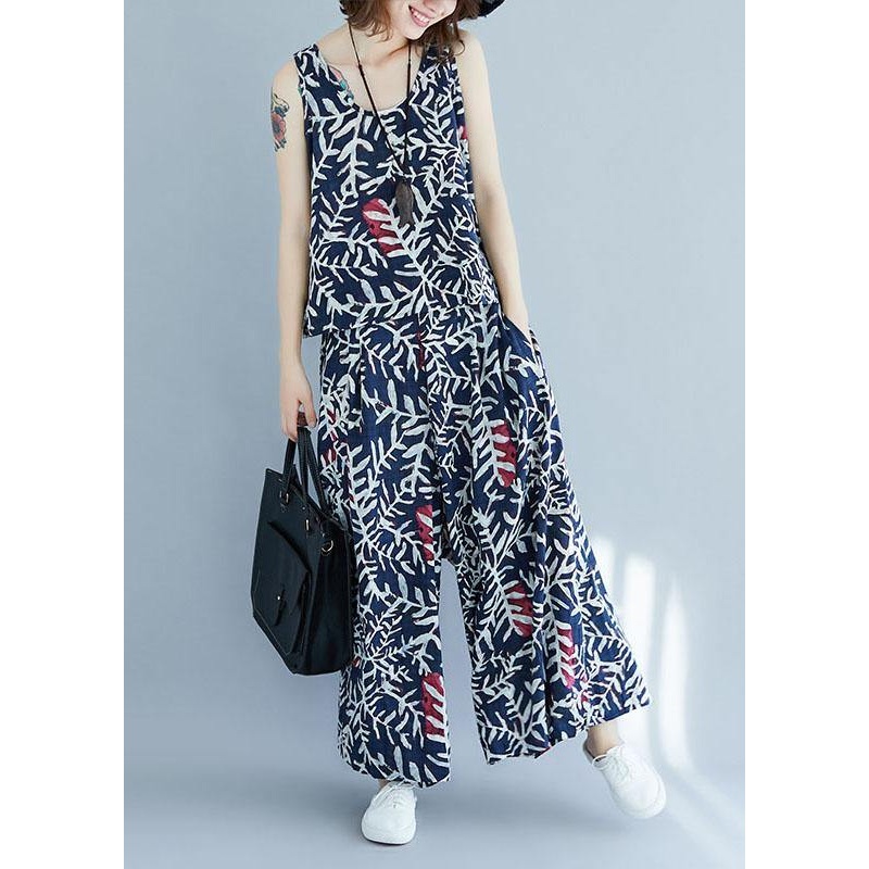 Vintage Blue Print Sleeveless Two-Piece Set Summer Cotton Linen