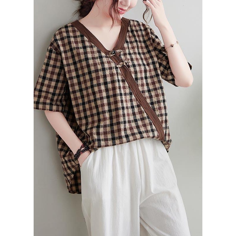 Vintage Chocolate Plaid Cotton Linen Blouse Top Summer