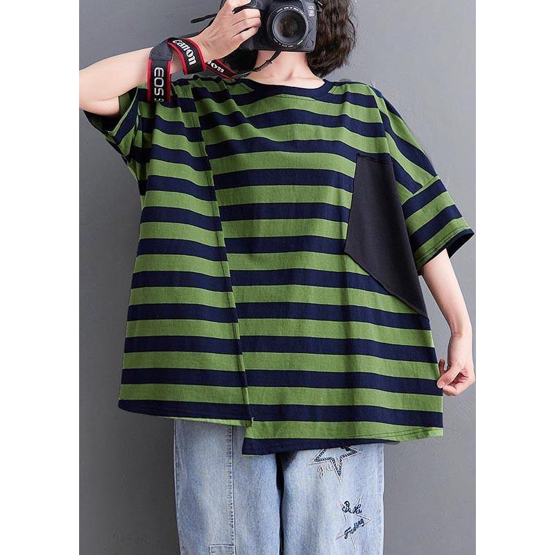 Vintage Green Striped asymmetrical design Cotton Summer Top