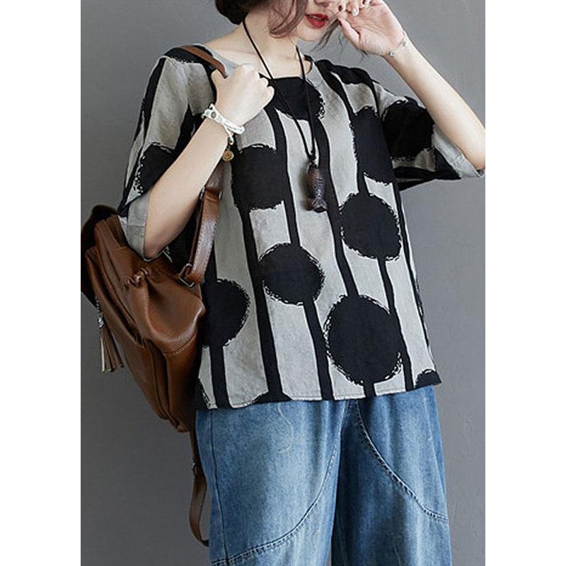 Water Ink Polka Dot Stripe Printed Cotton Linen T-shirt