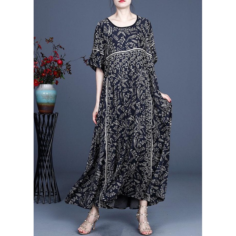 Women Black O-Neck Vintage Summer Silk Blended Maxi Dresses