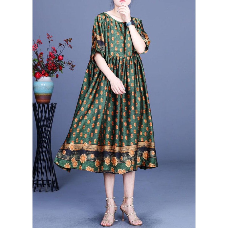 Women Green Print Silk Cinched Dress Summer