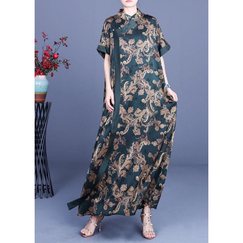 Women Green Print Silk Oriental Vacation Dresses Summer