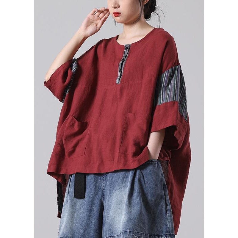 Women Red Pockets Cotton Linen Shirt Summer