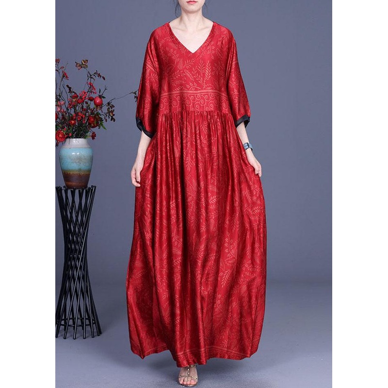 Women Red Print Silk Half Sleeve Summer Dresses