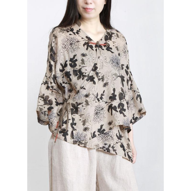 Art Beige Print Oriental Ramie Shirts Fall