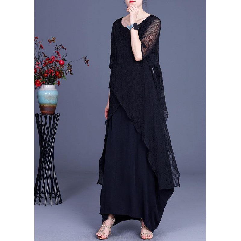 Art Black Elegant Asymmetrical O-Neck Summer Dresses Two Pieces Set
