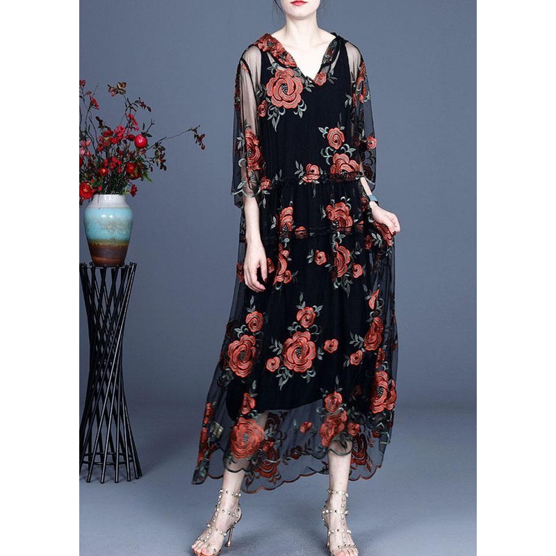 Art Black Embroidered Tulle hooded Two Pieces Set