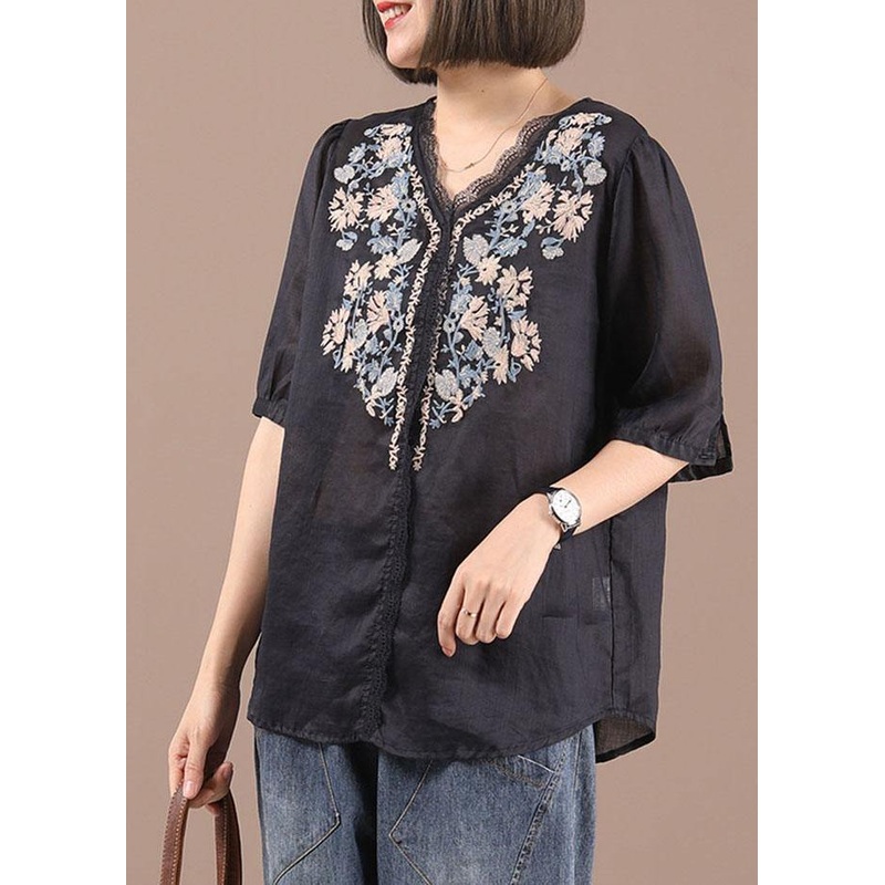 Art Black V Neck Casual Embroidered Summer Silk Blouse Half Sleeve