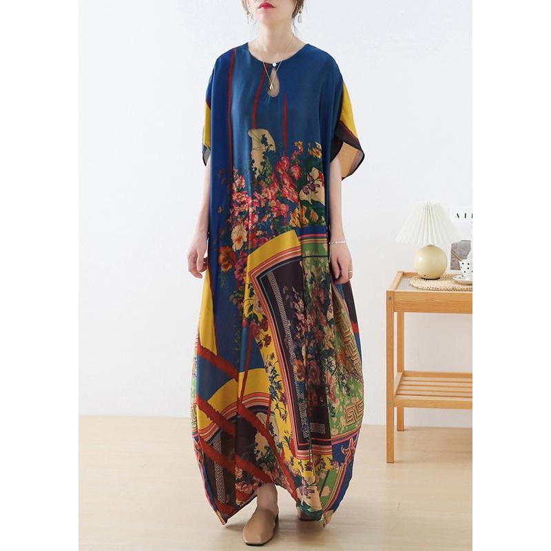 Art Blue Print Loose Asymmetrical Design Vacation Summer Chiffon Dress