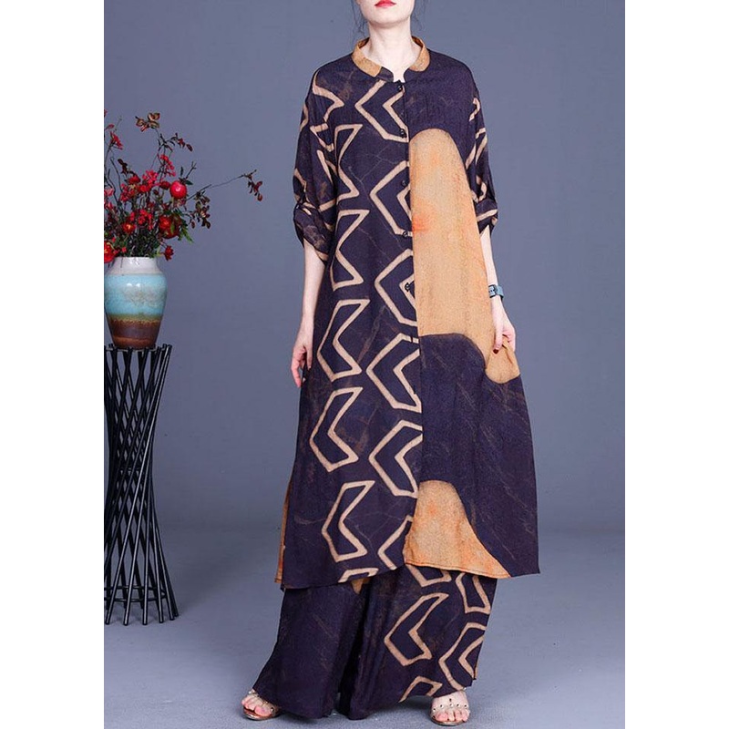 Beautiful Blue Yellow Print Button long shirts Wide Leg Two Pieces Set