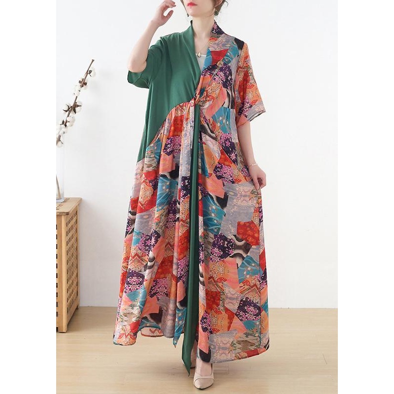 Beautiful Green Patchwork Print Vacation Summer Chiffon Dress