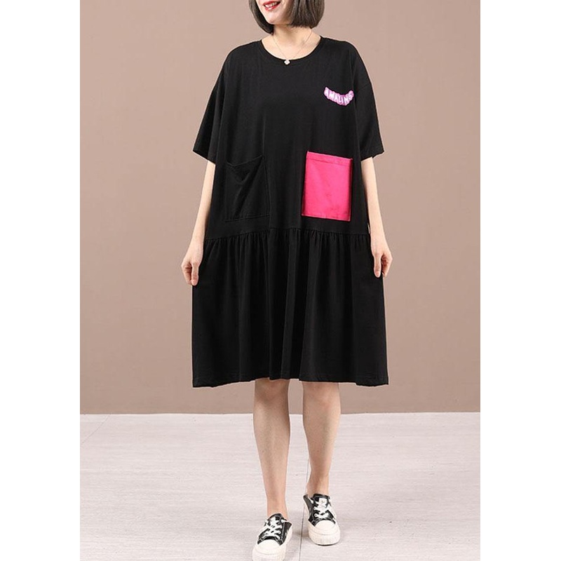 Black Cotton Patchwork Graphic Summer Dresses Half Sleeve
