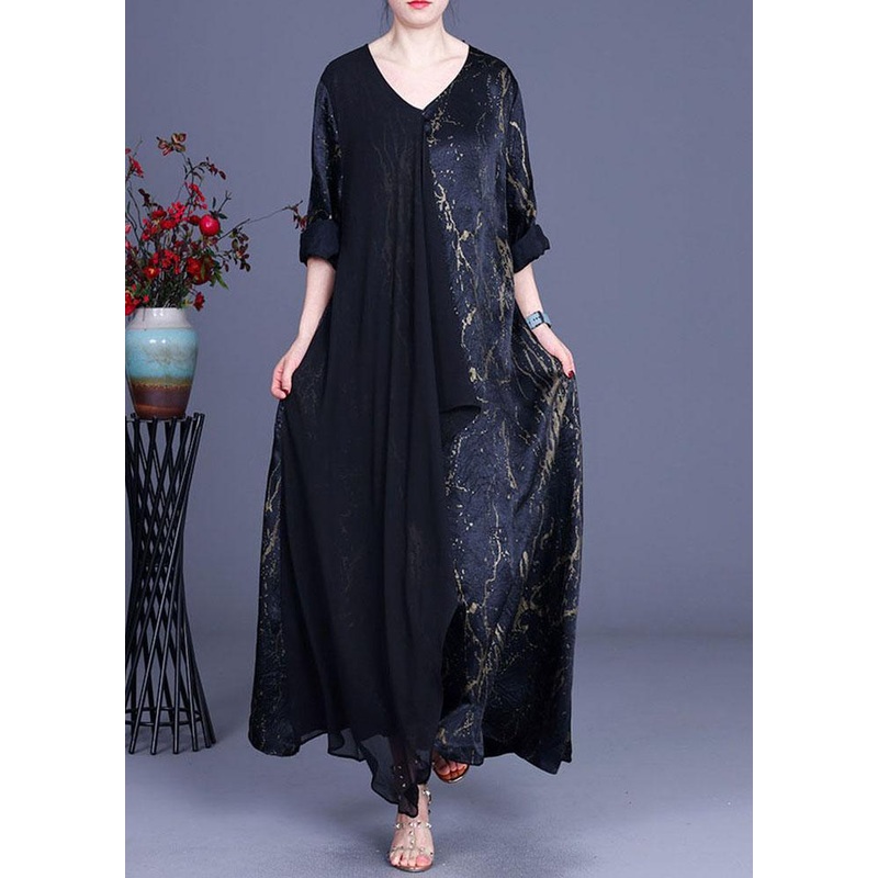 Black Print Patchwork Summer Silk Dress