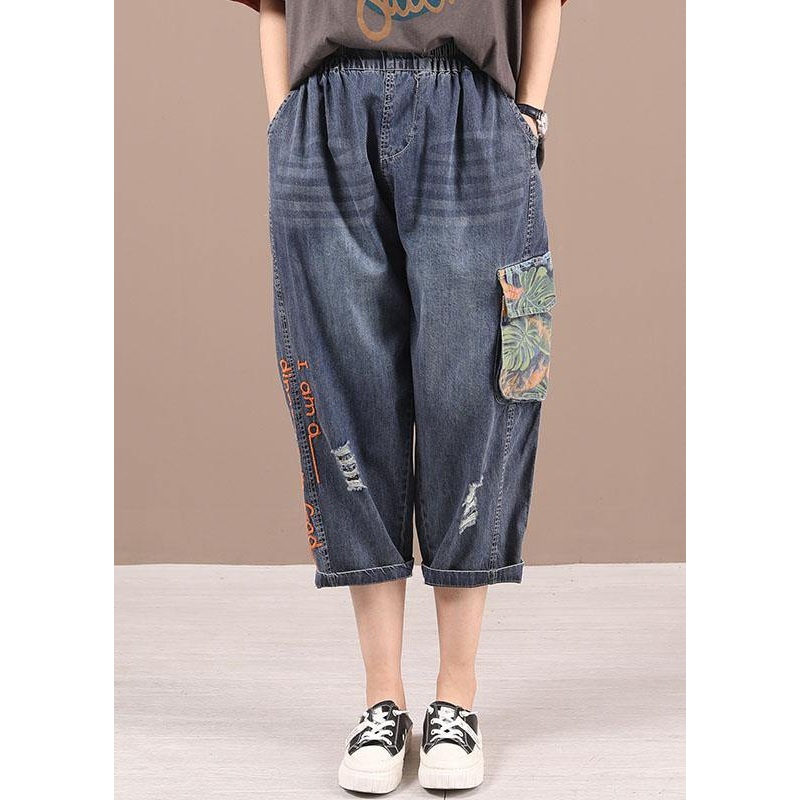Blue Embroideried Elastic Waist Patchwork Summer Pockets Denim Pants