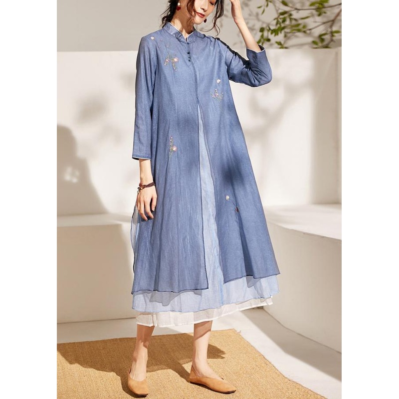 Blue Embroideried Patchwork Button Summer Blended Holiday Dress