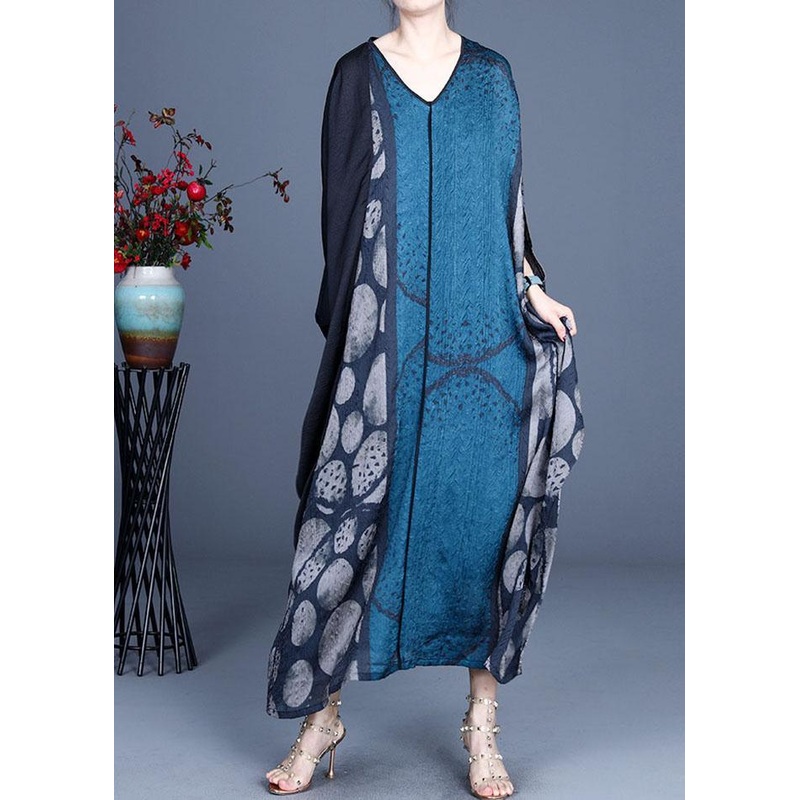 Blue Retro V Neck Patchwork Summer Robe Dresses Bat wing Sleeve