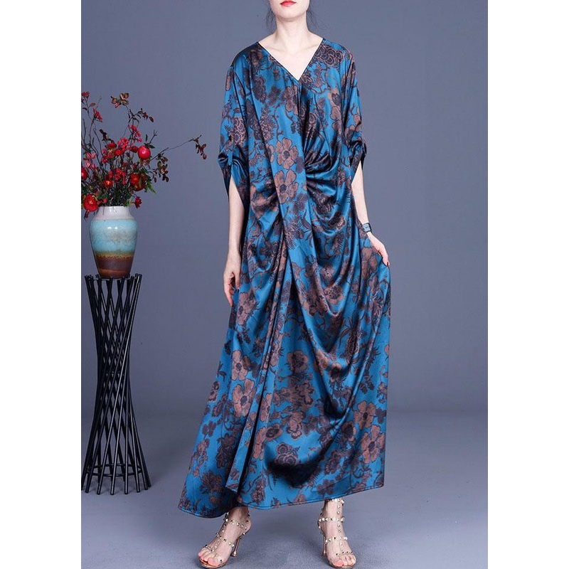 Blue Vogue Print Summer Silk Robe Dresses Half Sleeve