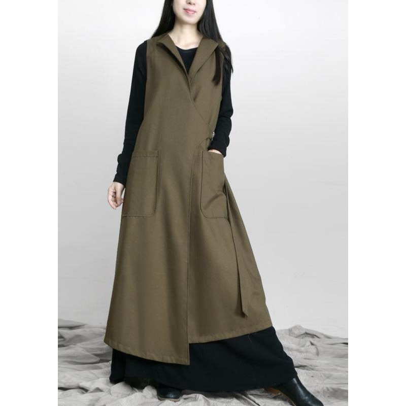 Boho Army Green Asymmetrical Design Pockets Fall Long Waistcoat