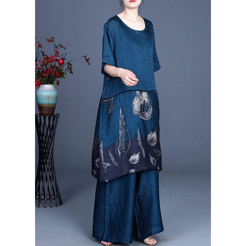 Boho Blue Patchwork Print long clothes Wide Leg Two Pieces Set