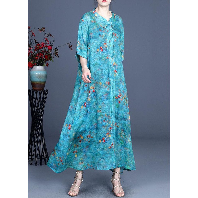 Boho Blue Print O-Neck Summer Ramie Long Dress Half Sleeve
