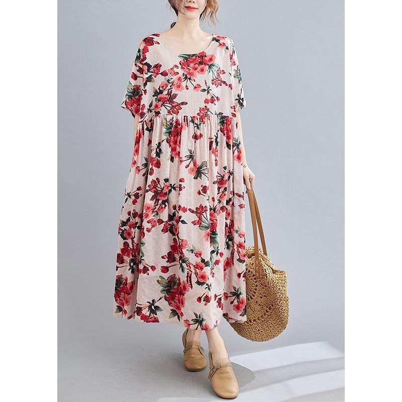Boho Pink  Floral  O-Neck Patchwork Summer Half Sleeve Dresses