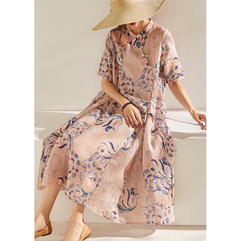 Boho Pink Print  Tie Waist Patchwork Summer Ramie Long Dress Short Sleeve