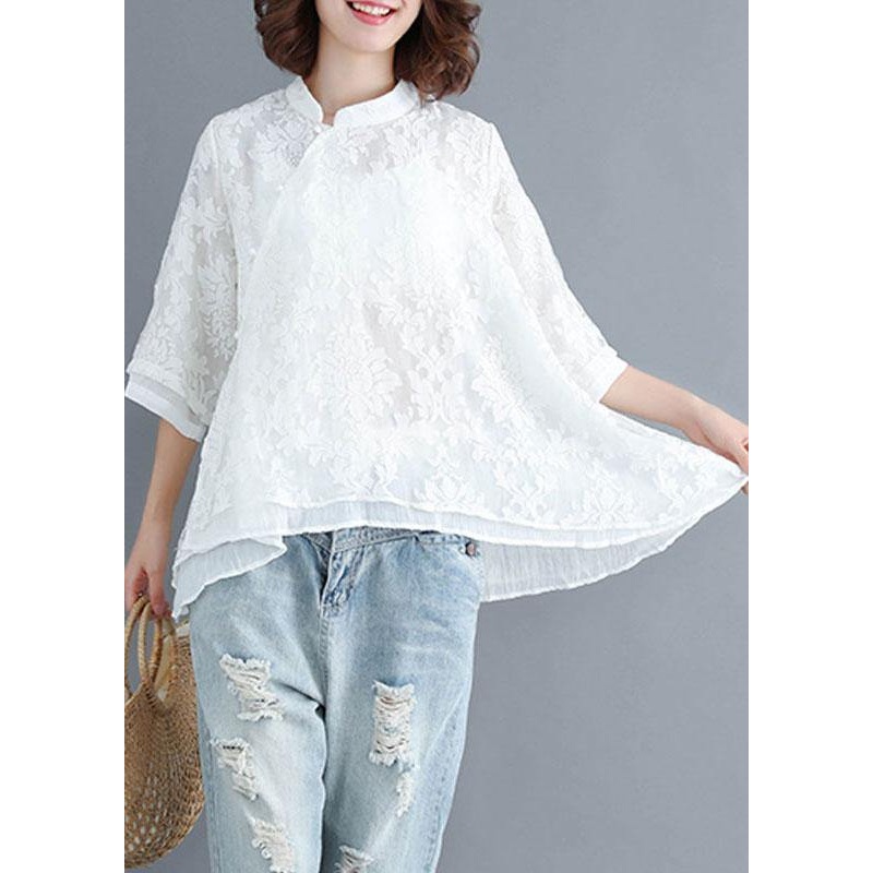 Boho White Stand Collar Asymmetrical Design Summer Tops Three Quarter Sleeve Shirt