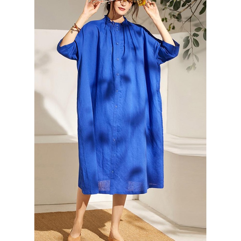 Boutique Blue Wrinkled Summer Linen Summer Dress Half Sleeve