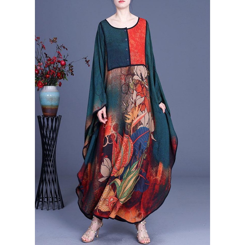 Boutique Green Print Button Retro O-Neck Summer Silk Dresses
