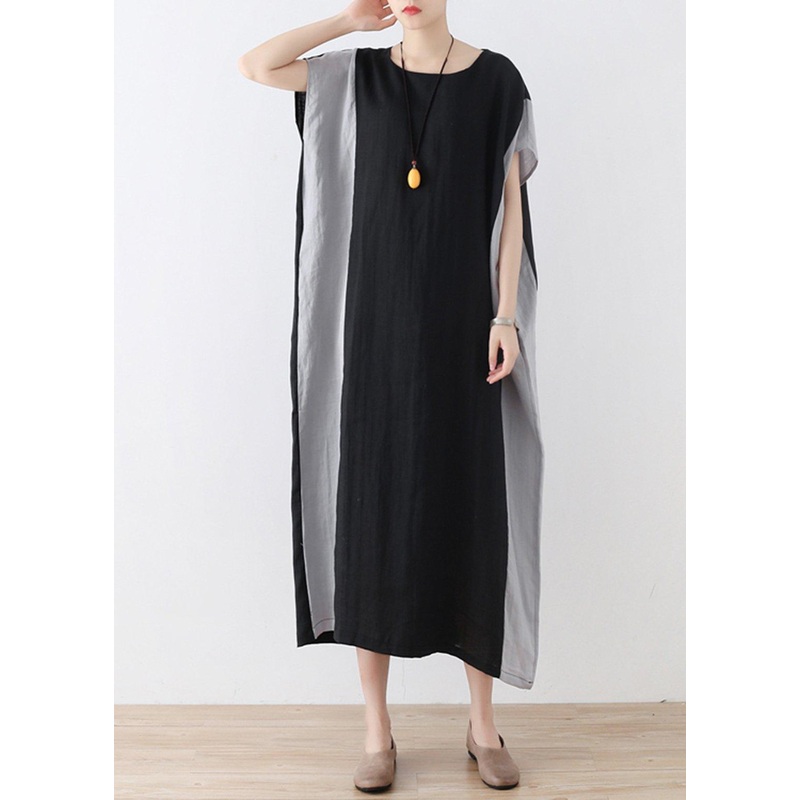Casual Black Patchwork Bat wing Sleeve Mid Summer Linen Dress