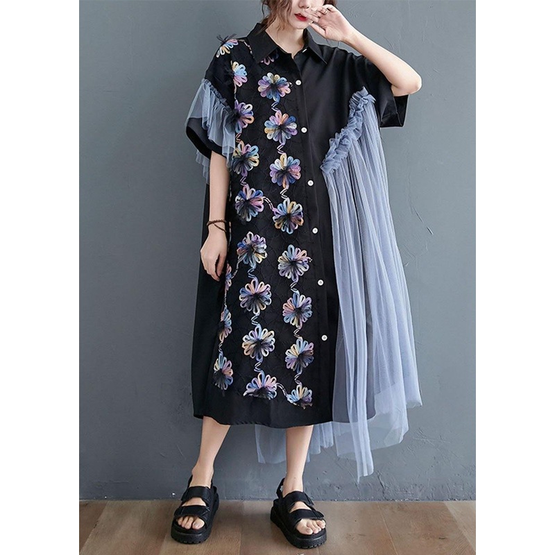 Casual Black Patchwork Tulle Peter Pan Collar Summer Button Dresses Half Sleeve