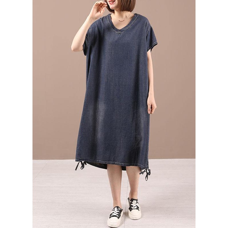 Casual Blue Open low High Design Summer Denim Short Sleeve Holiday Dress