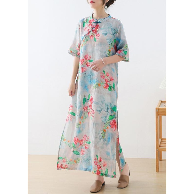 Casual Blue Print Oriental Dresses Summer Ramie