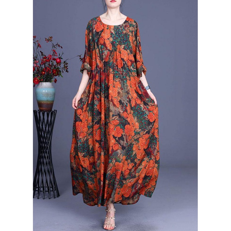 Casual Orange Print O-Neck Asymmetrical Design Summer Silk Cute Long Dresses