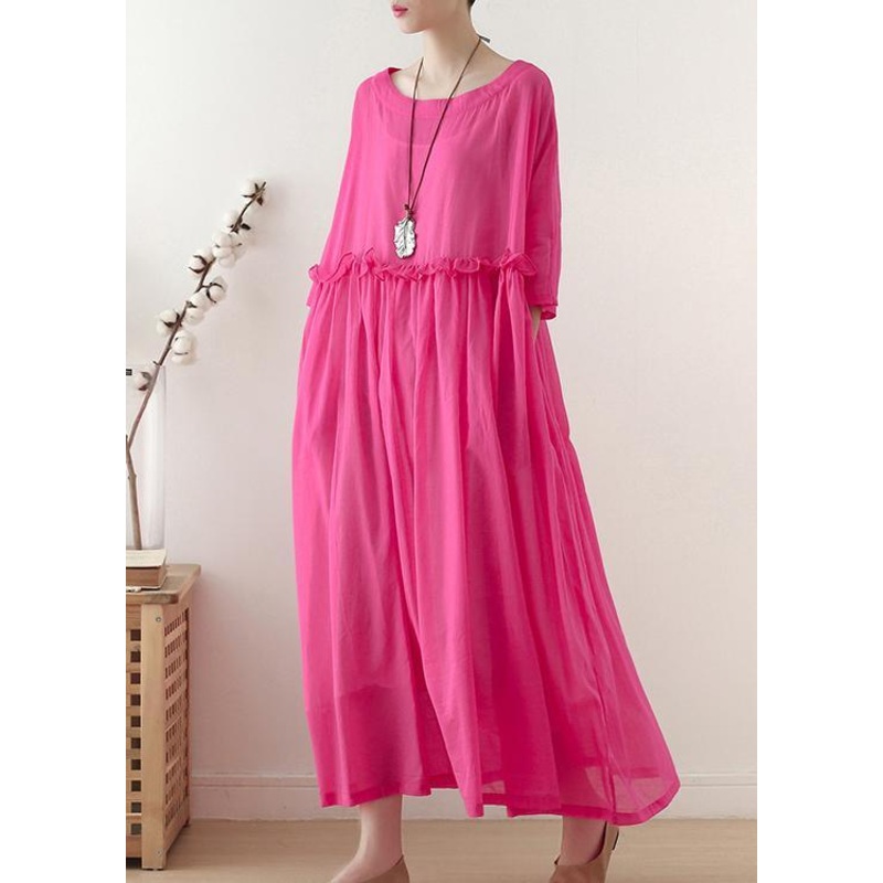 Casual Rose O-Neck Ruffled Long Dress Summer Chiffon Dress