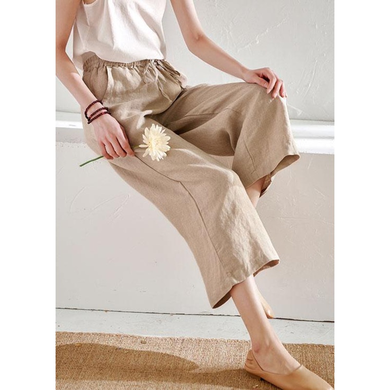 Chic Beige Pockets Casual Wide Leg Summer Pants Linen