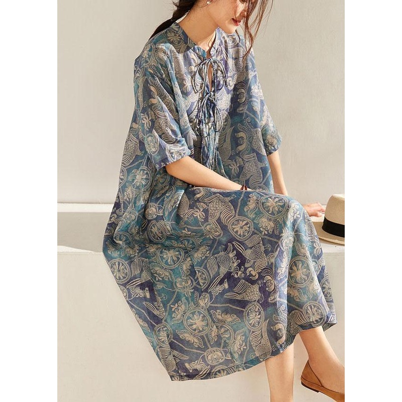 Chic Blue Print O-Neck tie Print Ramie Summer Holiday Dress